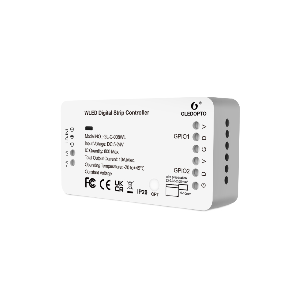 GLEDOPTO GL-C-008WL controller, landscape product photo. Left side: INPUT V+/V- pads. Right side, top row: GPIO1 with V/D/G terminals; bottom row: GPIO2 with V/D/G. Centre: OPT button. Bottom right: 'wire preparation' diagram (0.33–2.08 mm², strip length 9–10 mm). Front label lists Model GL-C-008WL, Input Voltage DC 5–24 V, IC Quantity 800 max, Total Output 10 A max, Operating Temperature −20 to +45 °C, Constant Voltage, IP20.
