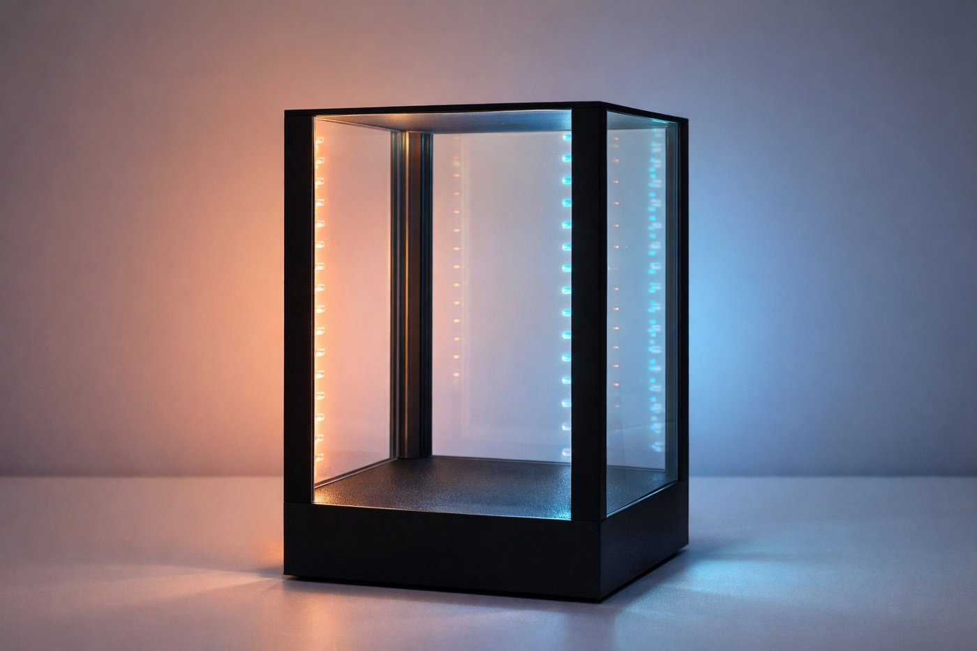 TheNerd4Shelf WLED illuminated display case — black aluminium frame and glass panels with multicolour LED strips lighting the four corners in warm amber, magenta and cyan.