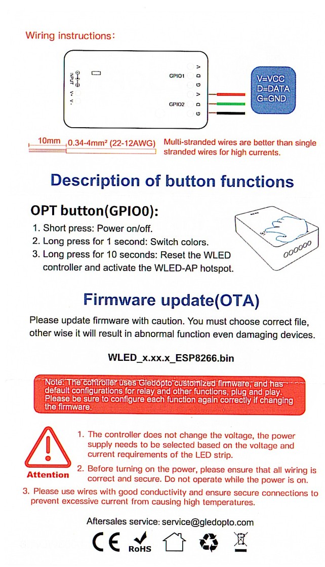 GLEDOPTO original instructions sheet: wiring diagram with V/D/G terminals, OPT button (GPIO0) functions, firmware update procedure (OTA), and three numbered safety warnings. Includes the wire preparation note (10 mm strip, 0.34–4 mm²) and the aftersales email service@gledopto.com.